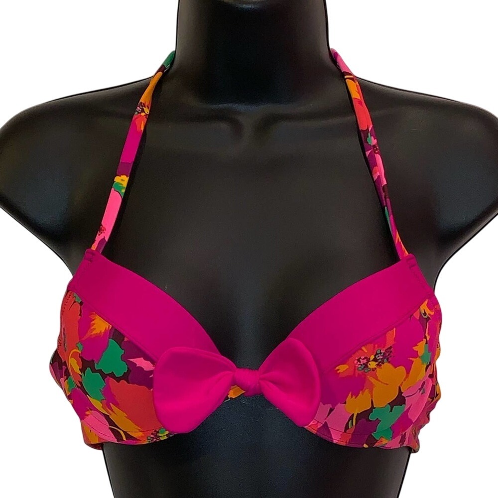 Pink Floral Bikini Top S/M Push Up Underwire Bow Halter Y2K Retro Swimwear